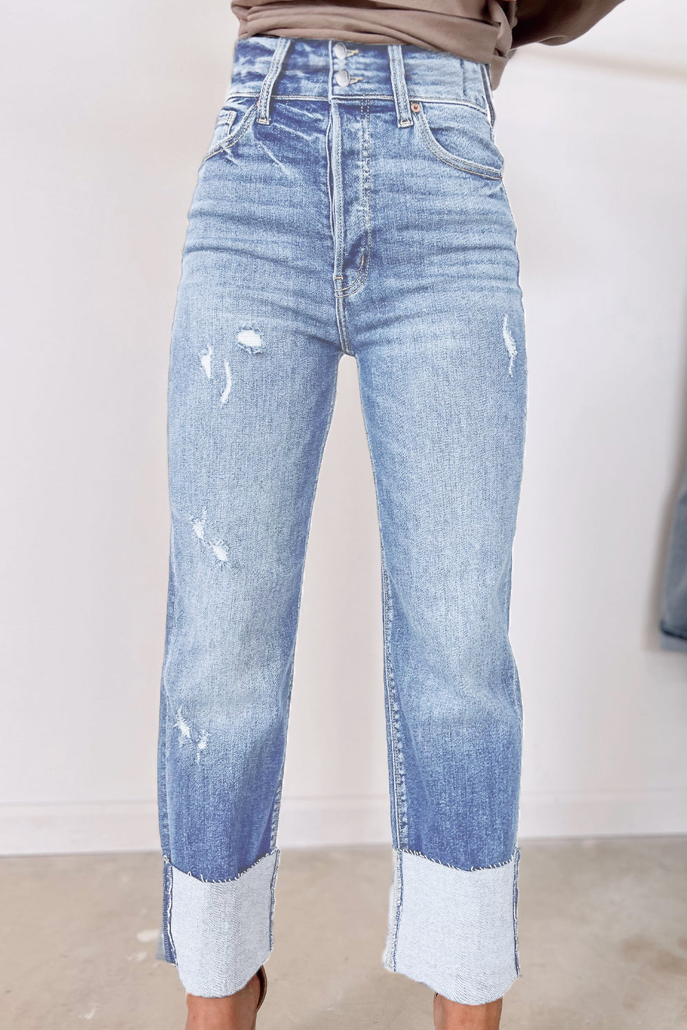 High Waist Distressed Straight Leg Jeans