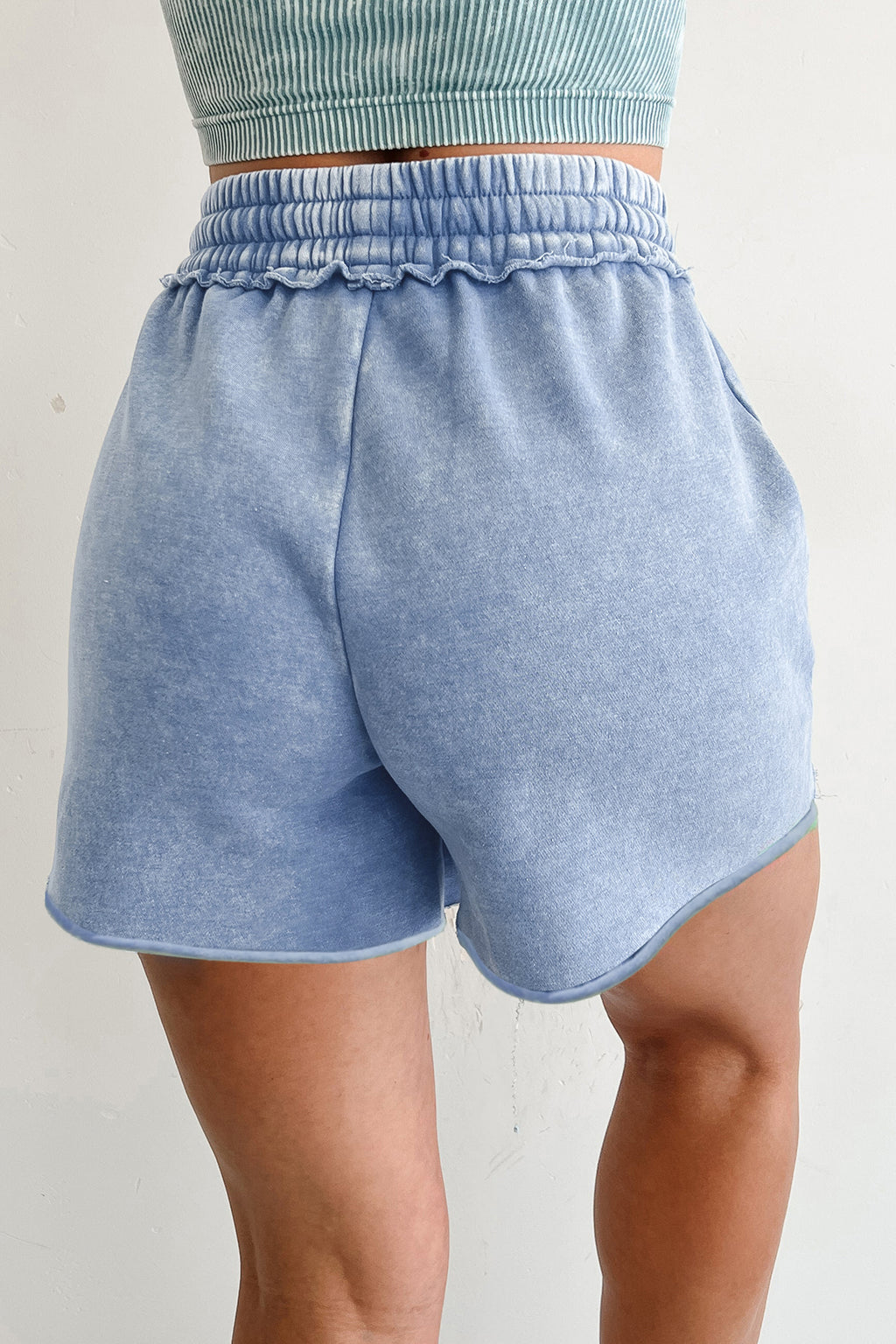 Rose Red Mineral Washed Drawstring Elastic Waist Raw Cut Shorts