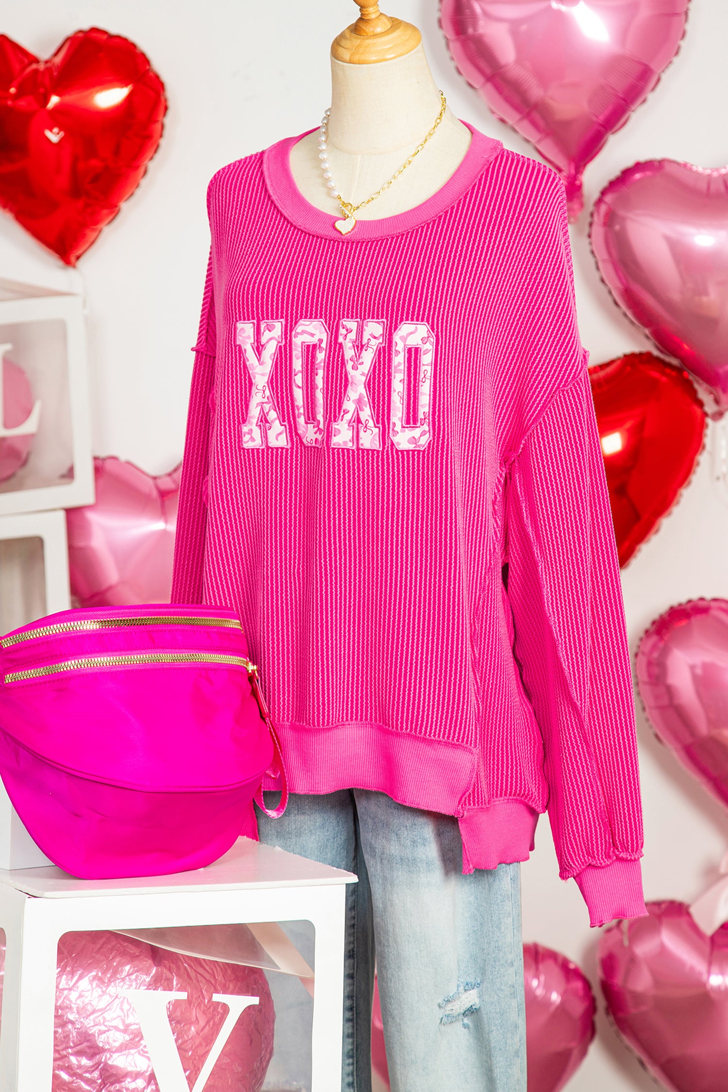 Strawberry Pink Twisted Ribbed Long Sleeve XOXO Bow Print Embroidered Patch Graphic Top