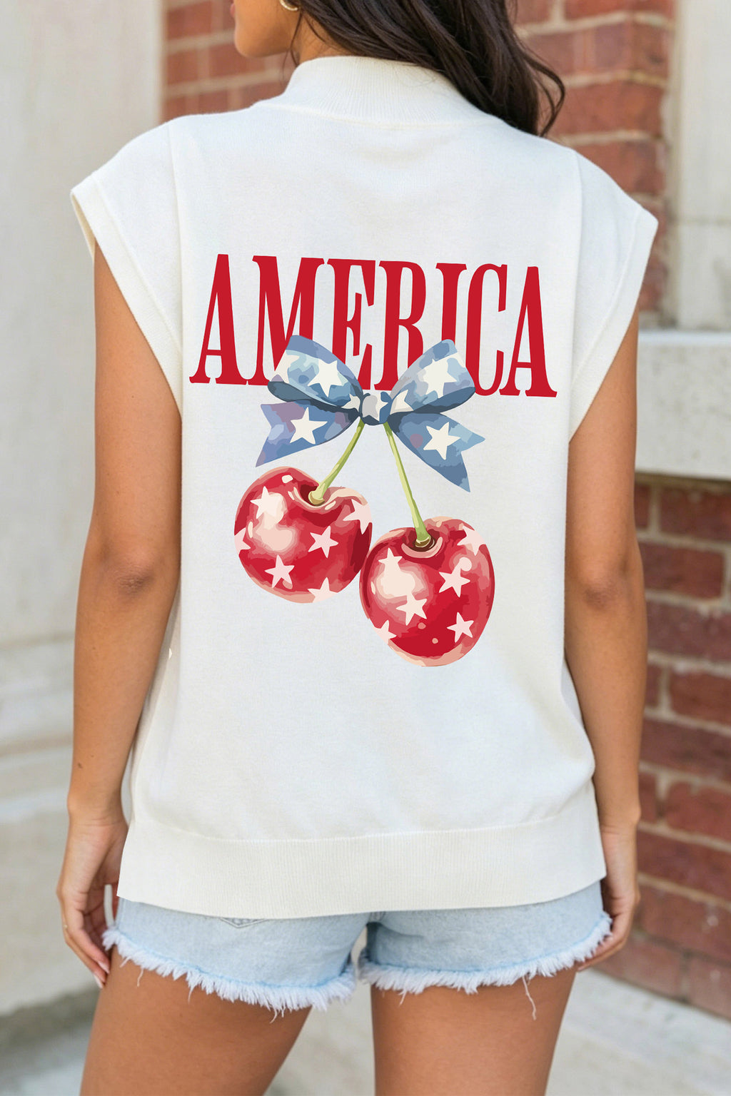White Mock Neck Short Sleeve Cherry Print America Slogan Casual Top